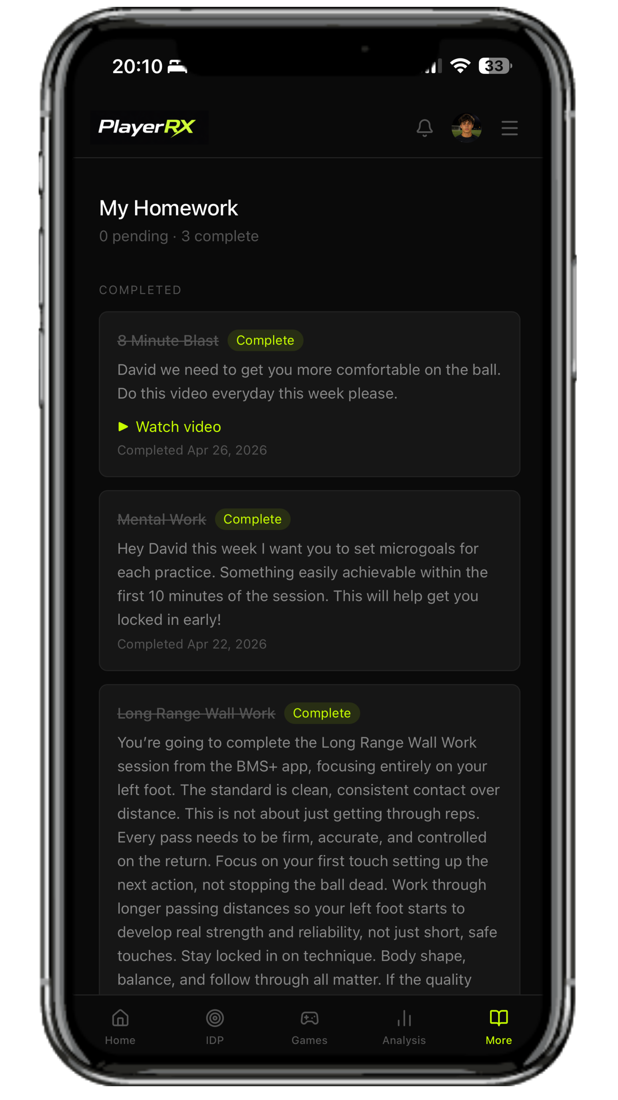 Player homework list in the app